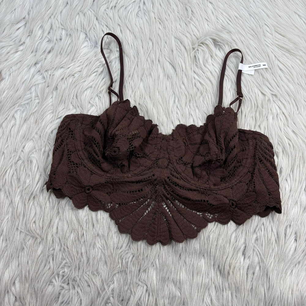 NWOT Arie Women's 34C Brown Floral Lace Balconette Bra Scallop Festival Feminine